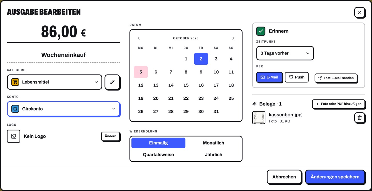 Expense dialog with amount, repetition, reminder before the debit and an attached receipt